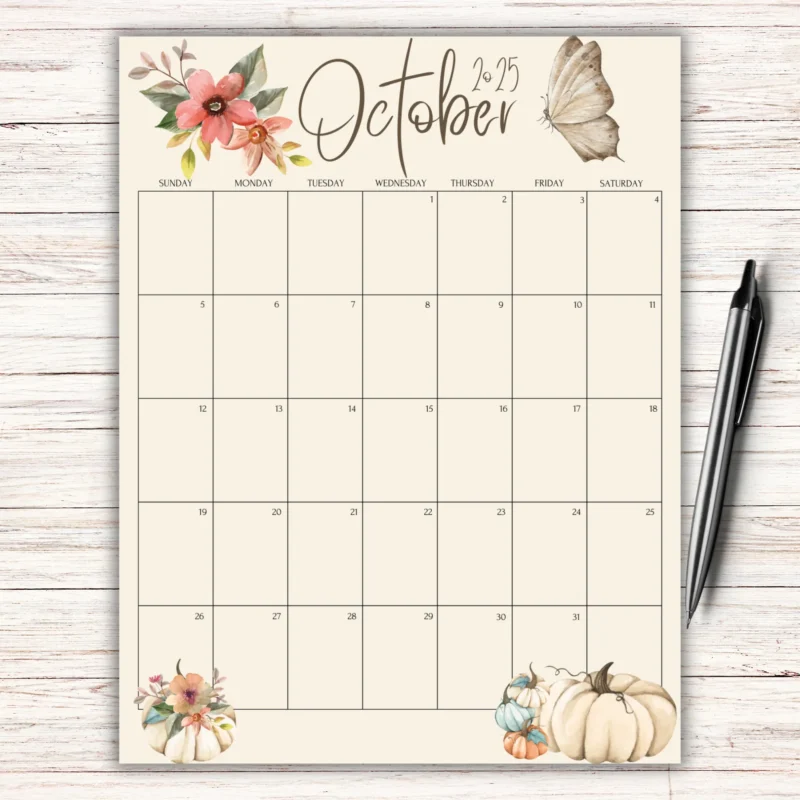 October 2025 Calendar Flower and Pumpkin