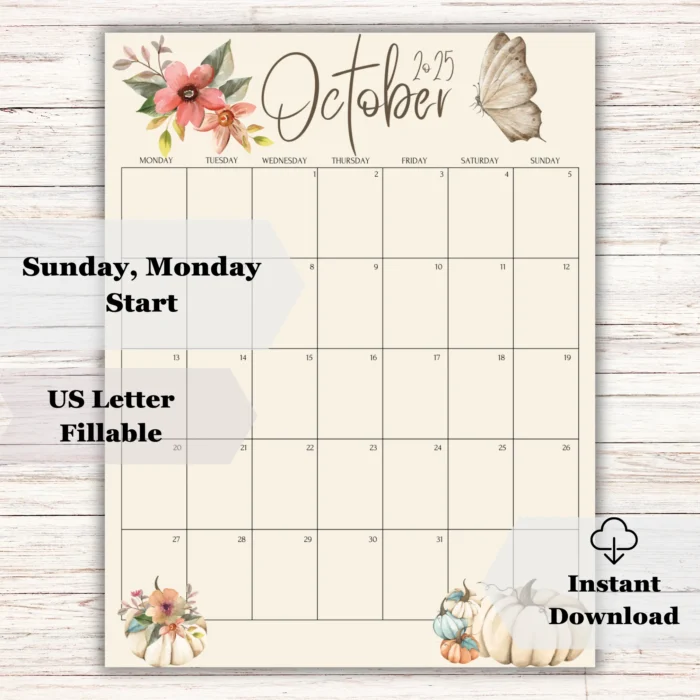 October 2025 Calendar Flower and Pumpkin ? Sunday & Monday Start, Printable & Fillable PDF - Image 2