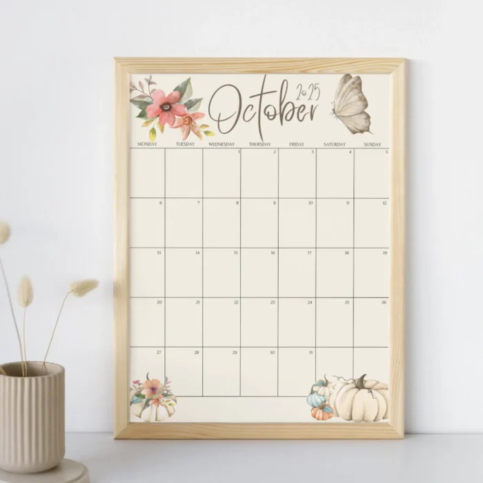 October 2025 Calendar Flower and Pumpkin