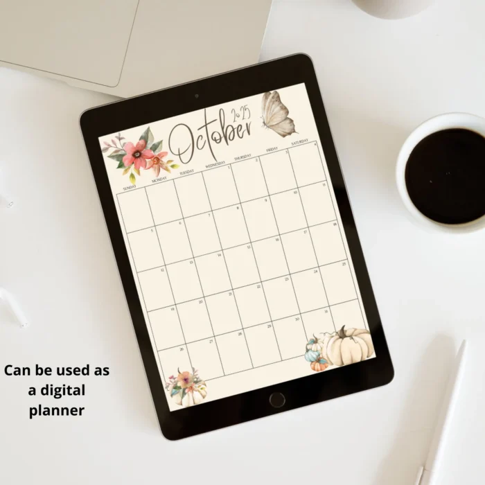 October 2025 Calendar Flower and Pumpkin