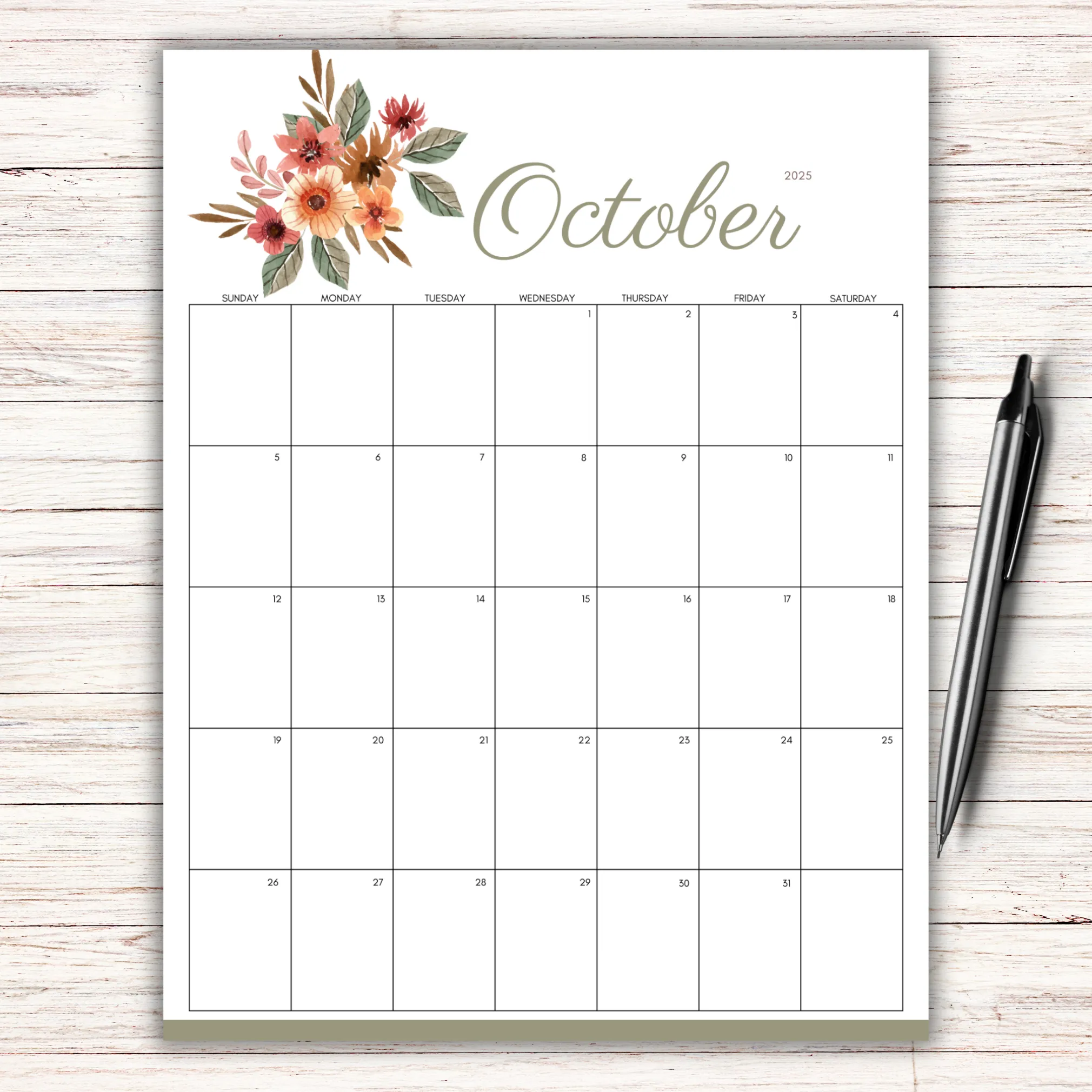 Editable October 2025 Floral Calendar