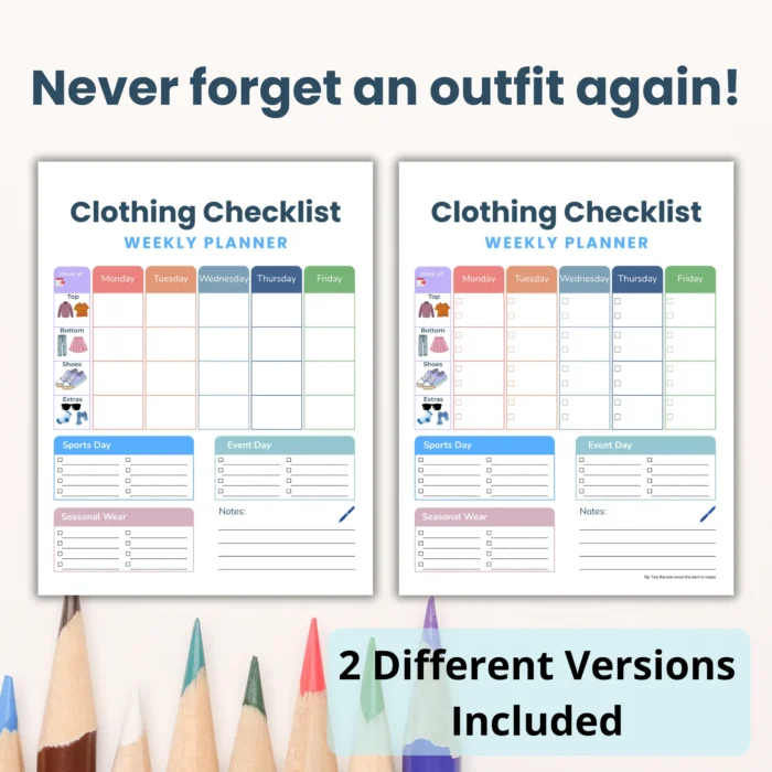 Weekly outfit planner for kids with sports day section
