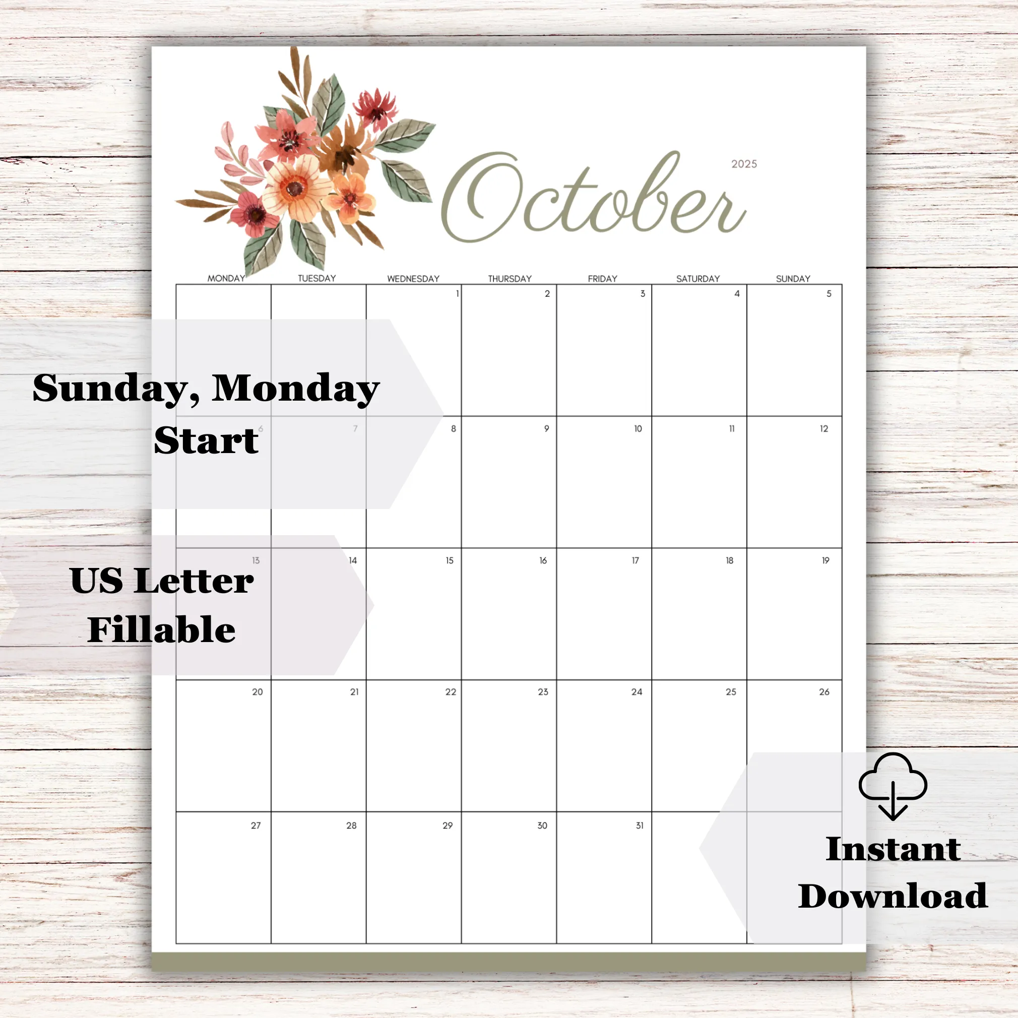 Editable October 2025 Floral Calendar