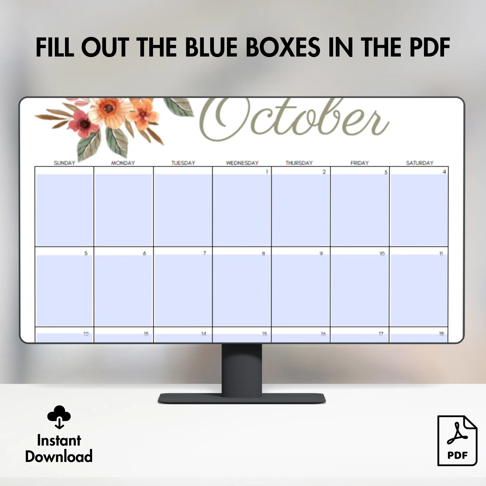 Editable October 2025 Floral Calendar