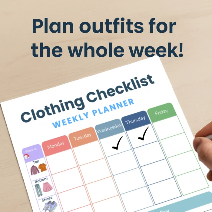 Back to School Clothing Checklist Weekly Planner â€“ Close-up view of tops, bottoms, accessories sections â€“ Printable clothing chart for kids