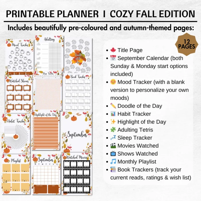 September Cozy Fall Printable Planner â€“ Mood & Habit Trackers