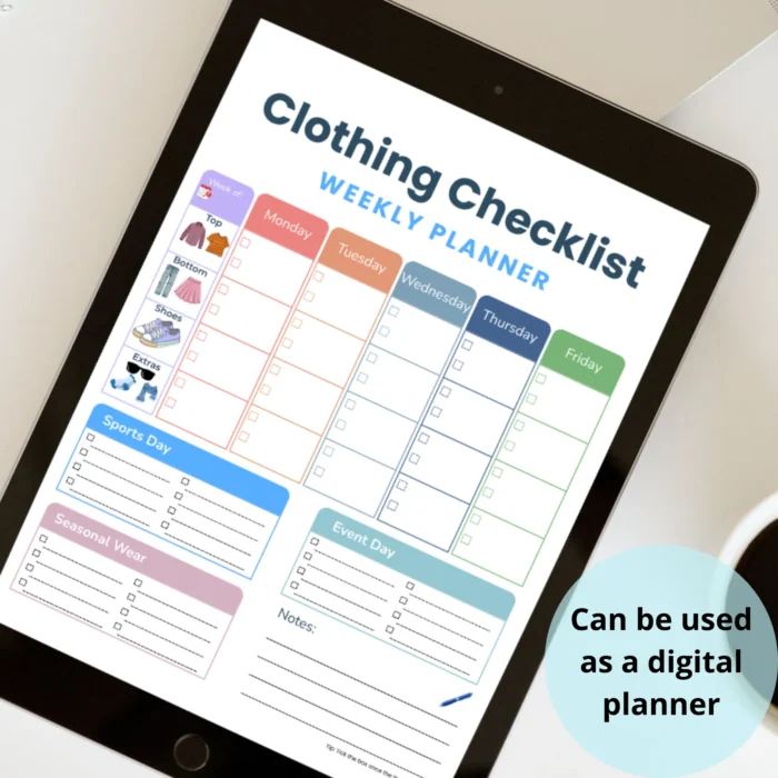 Back to School Clothing Checklist Printable for Kids displayed on tablet â€“ Digital Daily and Weekly Outfit Planner PDF â€“ US Letter Size