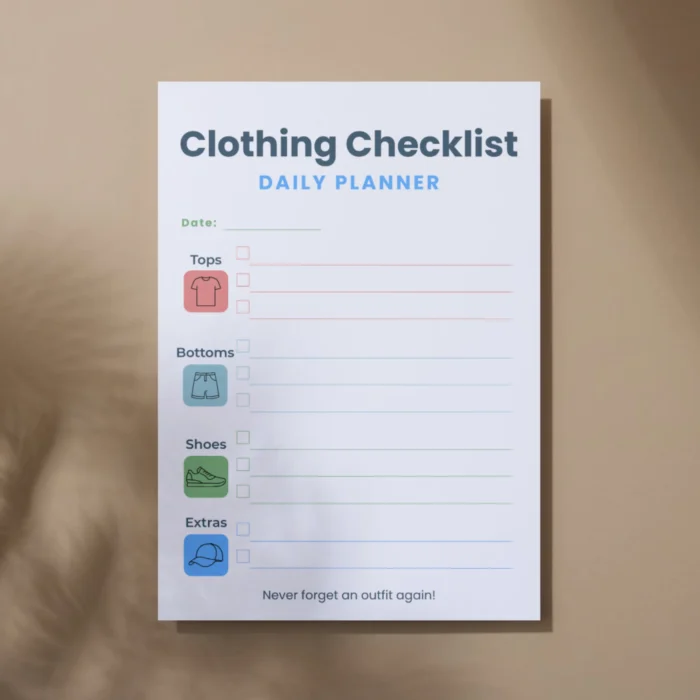 Daily school clothing checklist with accessories tracker