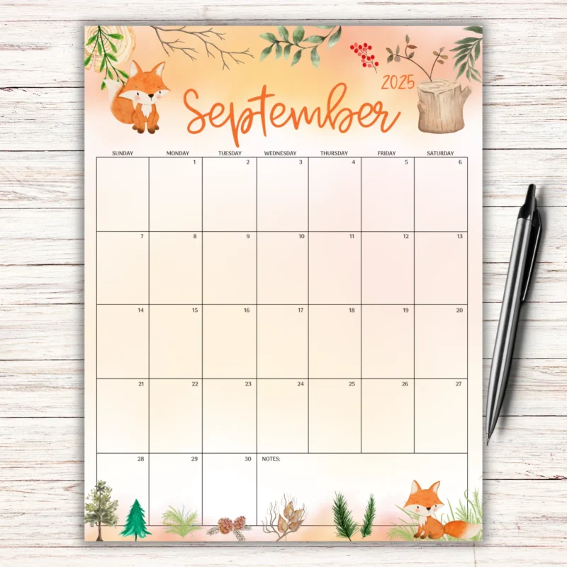 Woodland Fox September 2025 Calendar â€“ Printable Monthly Planner