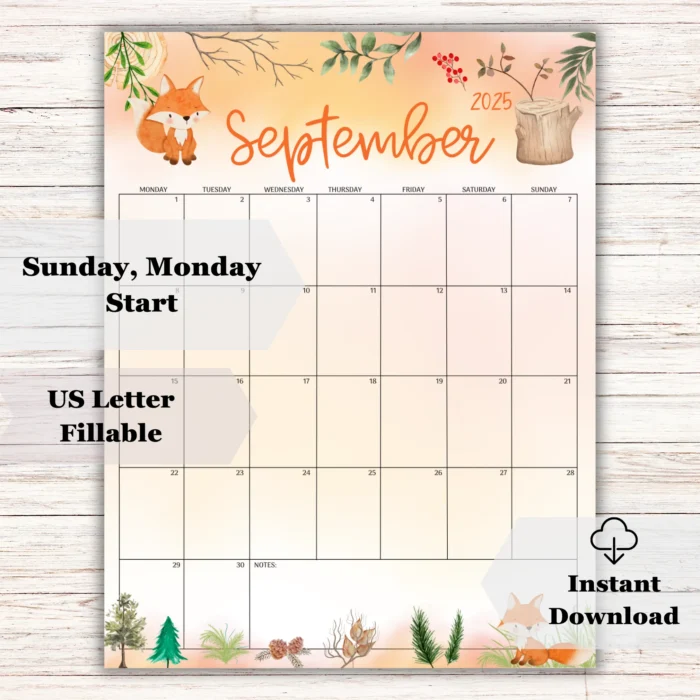 September 2025 Calendar with Cute Fox and Autumn Forest Elements
