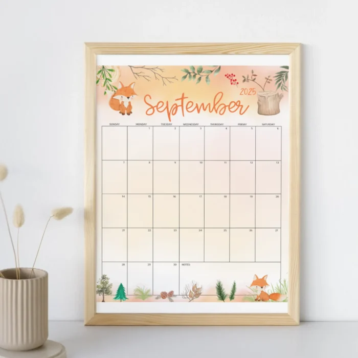 September 2025 Monthly Planner with Autumn Woodland Theme on the wall