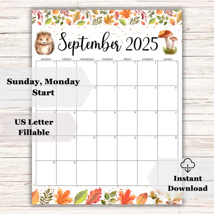 Cute hedgehog September 2025 calendar with fall leaves and mushrooms