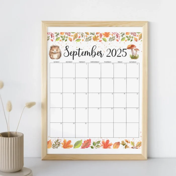 Printable September 2025 Hedgehog Calendar â€“ Cute woodland autumn design