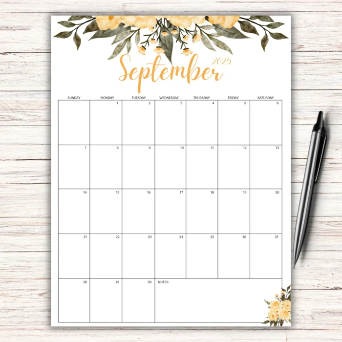 Editable September 2025 Calendar with Yellow Floral Design â€“ Sunday start