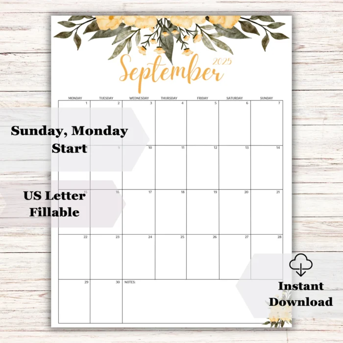 Editable September 2025 Calendar with Yellow Floral Design â€“ Monday start